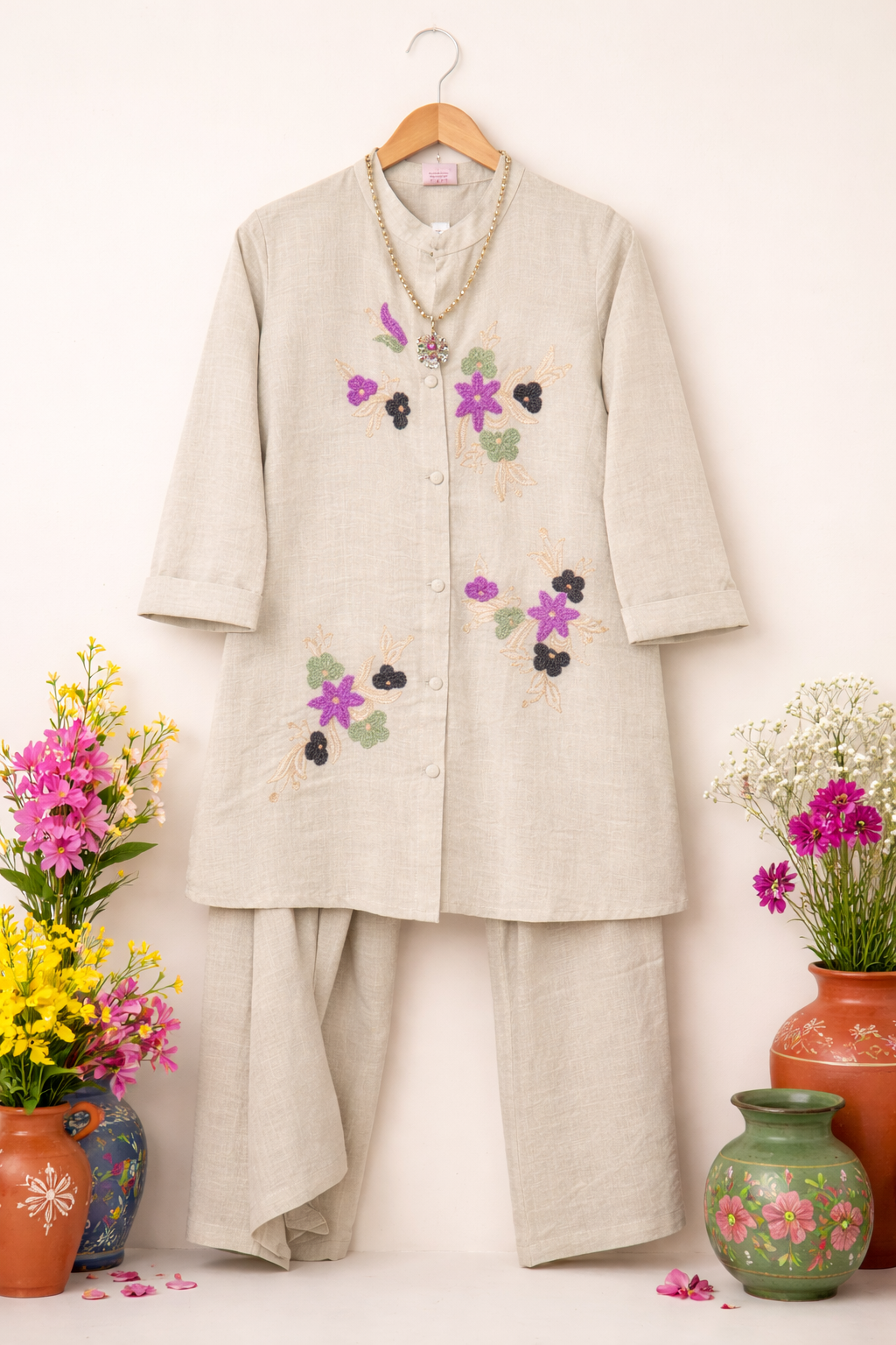 Beige Embroidered Co-ord Set