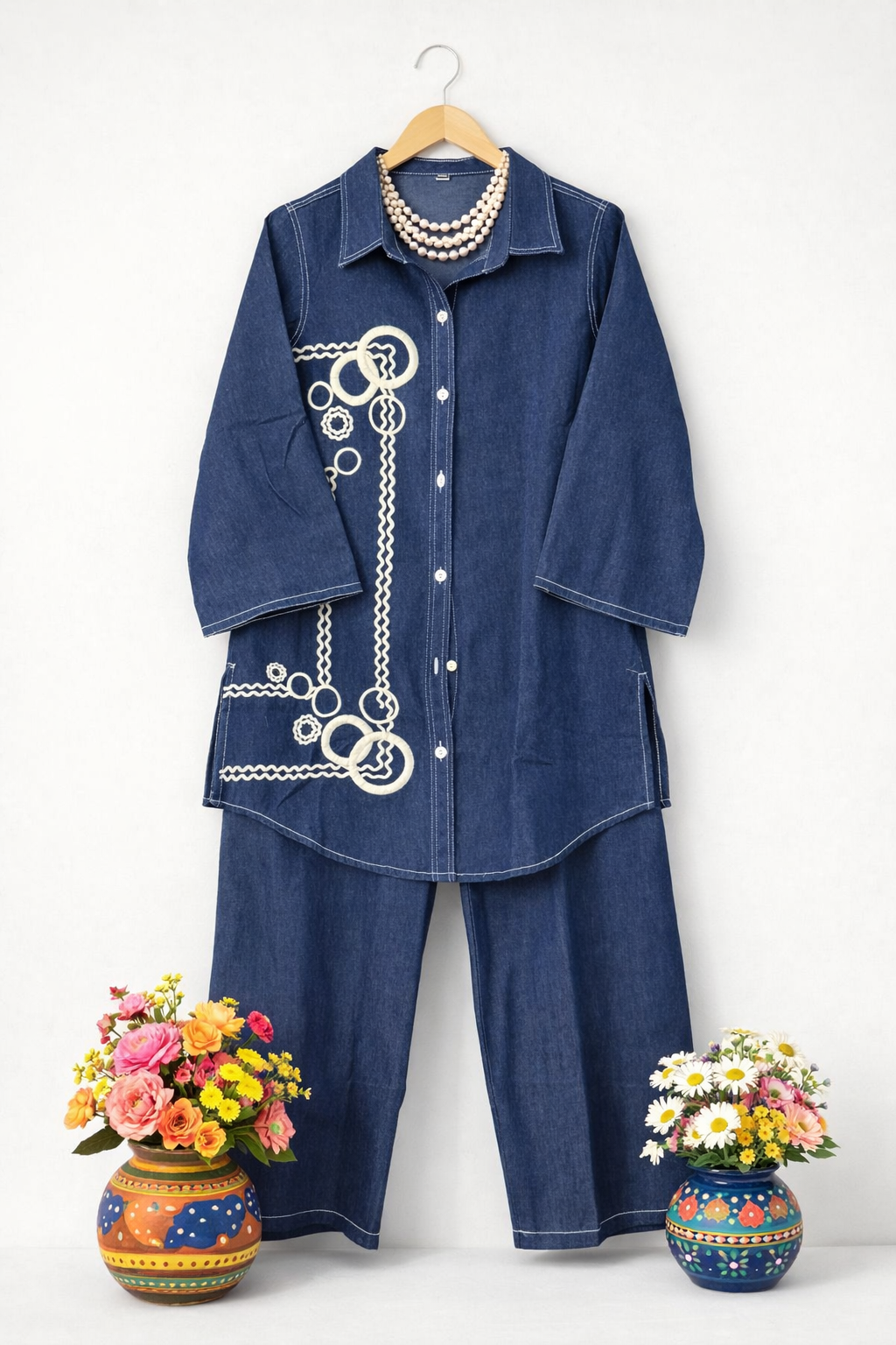 Denim Blue Embroidered Co-ord Set