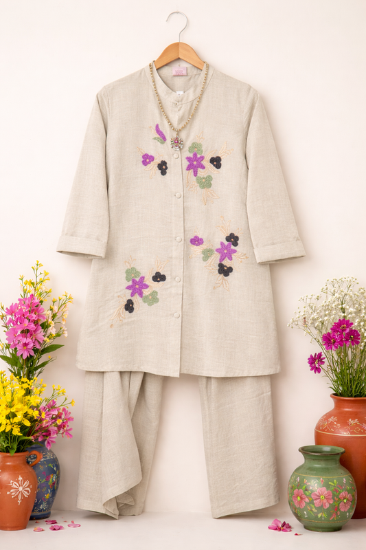 Beige Embroidered Co-ord Set