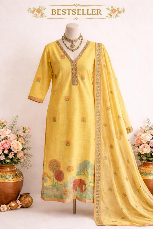 Mul Chanderi yellow Suit Set
