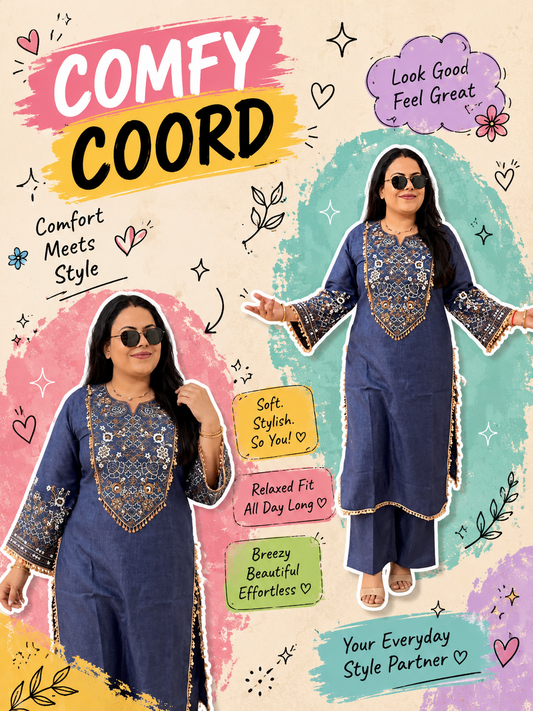 Cotton Denim Thread Embroidered Co-ord Set