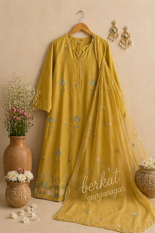 Mul Chanderi yellow Suit Set