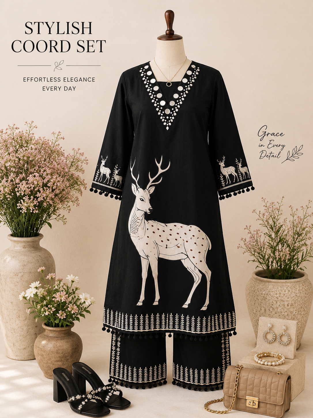 Black Deer Printed Co-ord Set