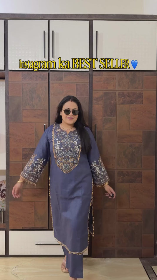 Cotton Denim Thread Embroidered Co-ord Set
